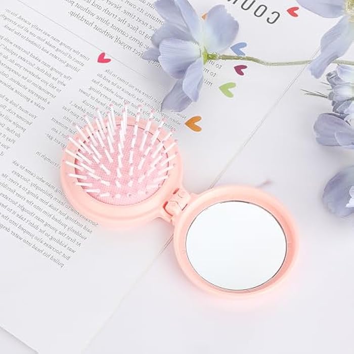 Gtziqa Travel Hair Brush with Mirror, Folding Mini Hair Brush Round Pocket Brushes Compact Travel Brushes for Hairs, Foldable Mini Purse Mirror Portable Massage Comb for Women and Girls, Pink - Image 2